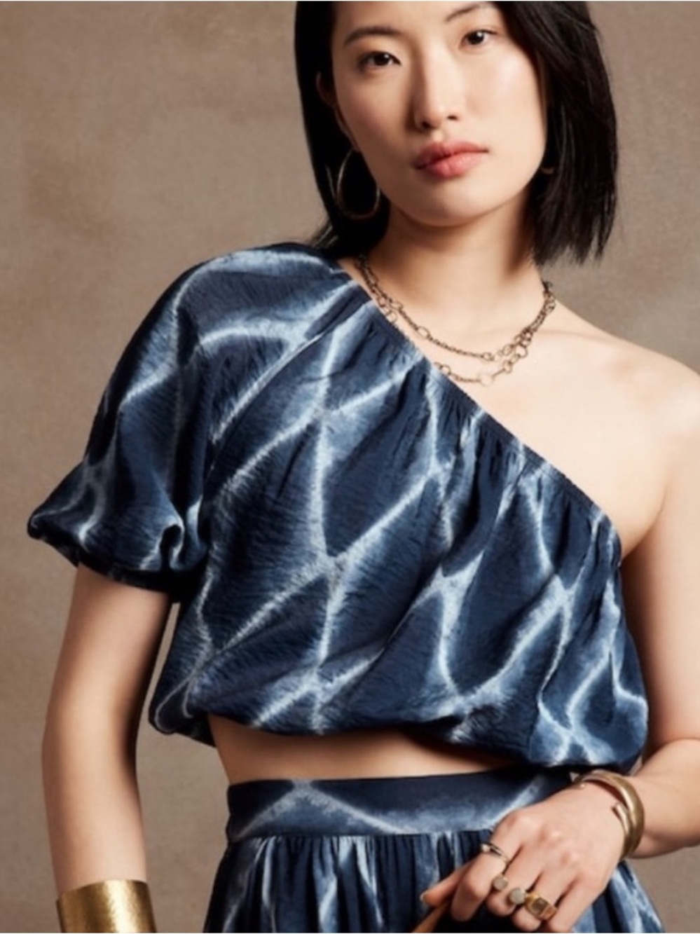 Banana Republic Factory One Shoulder Crop Top Blue Tie Dye Indigo Puff Sleeve